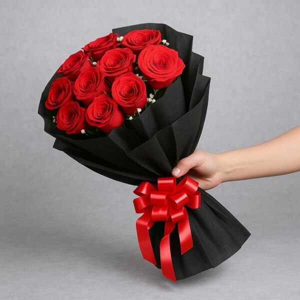 Artificial Red Rose Bouquet with Black Wrapping Paper