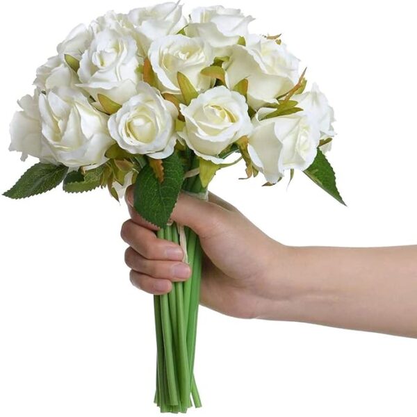 TIED RIBBONS Set of 12 Artificial Rose Flowers Bunches for Vase (24 cm, White)